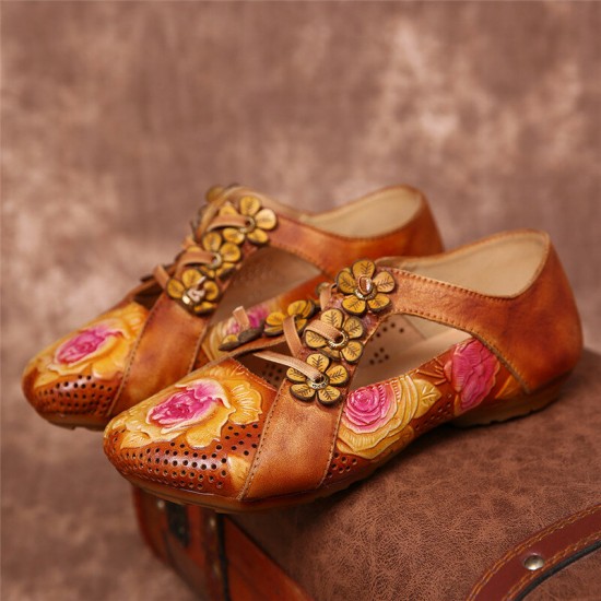 Retro Embossed Flower Splicing Floral Hollow Lace Up Slip On Flat Shoes Retro Embossed Flower Splicing Floral Hollow Lace Up Slip On Flat Shoes