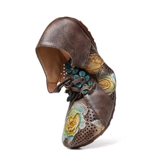 Retro Embossed Flower Splicing Floral Hollow Lace Up Slip On Flat Shoes Retro Embossed Flower Splicing Floral Hollow Lace Up Slip On Flat Shoes