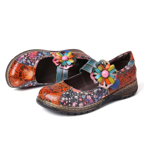 Retro Embossed Flower Splicing Floral Genuine Leather Flat Shoes Retro Embossed Flower Splicing Floral Genuine Leather Flat Shoes