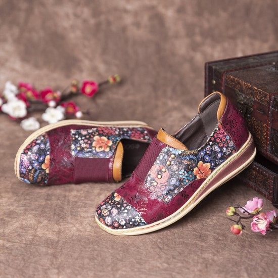 Retro Splicing Small Flowers Genuine Leather Flat Zipper Shoes Retro Splicing Small Flowers Genuine Leather Flat Zipper Shoes
