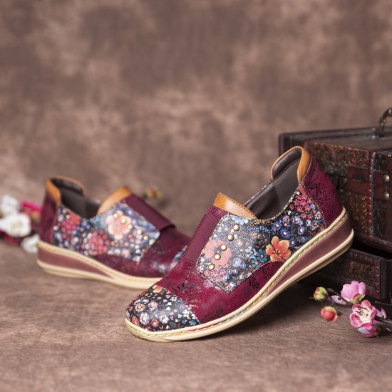 Retro Splicing Small Flowers Genuine Leather Flat Zipper Shoes Retro Splicing Small Flowers Genuine Leather Flat Zipper Shoes