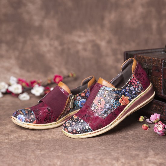 Retro Splicing Small Flowers Genuine Leather Flat Zipper Shoes Retro Splicing Small Flowers Genuine Leather Flat Zipper Shoes