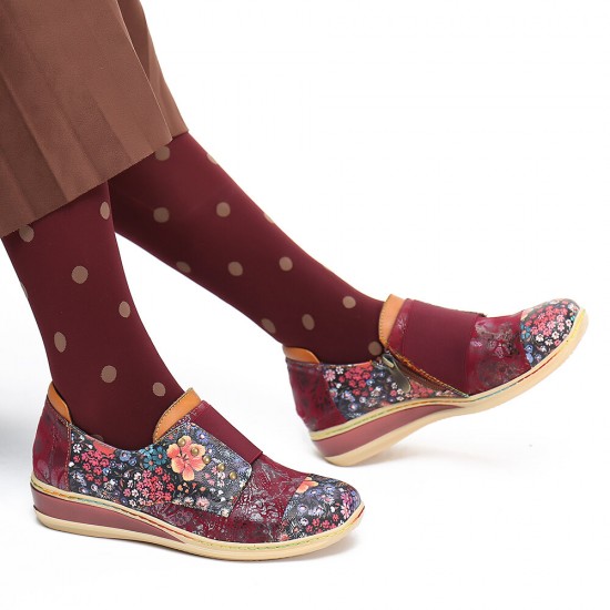 Retro Splicing Small Flowers Genuine Leather Flat Zipper Shoes Retro Splicing Small Flowers Genuine Leather Flat Zipper Shoes
