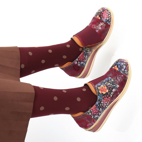 Retro Splicing Small Flowers Genuine Leather Flat Zipper Shoes Retro Splicing Small Flowers Genuine Leather Flat Zipper Shoes