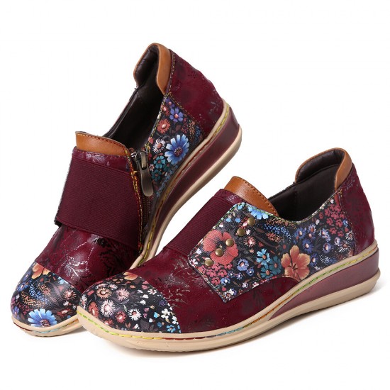 Retro Splicing Small Flowers Genuine Leather Flat Zipper Shoes Retro Splicing Small Flowers Genuine Leather Flat Zipper Shoes