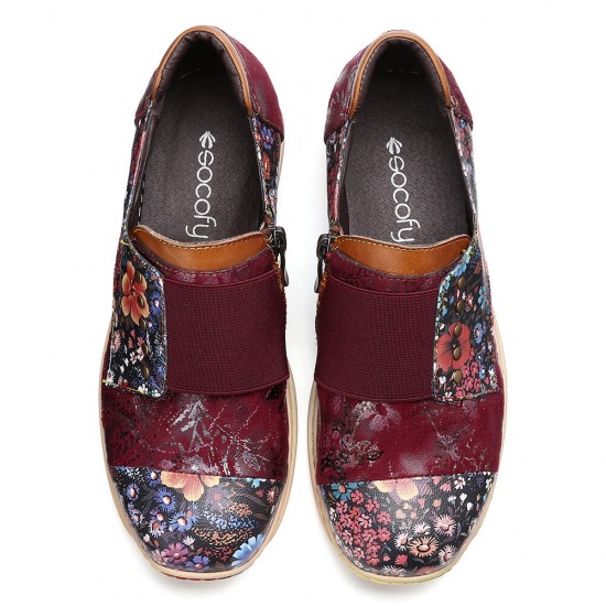 Retro Splicing Small Flowers Genuine Leather Flat Zipper Shoes Retro Splicing Small Flowers Genuine Leather Flat Zipper Shoes