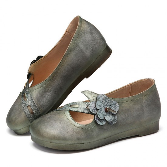 Vintage Handmade Soft Leather Floral Strap Green Slip on Flat Shoes Vintage Handmade Soft Leather Floral Strap Green Slip on Flat Shoes