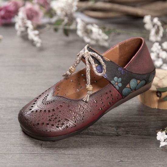 Retro Hollow Floral Soft Sole Knot Round Toe Ankle Strap Flat Shoes Retro Hollow Floral Soft Sole Knot Round Toe Ankle Strap Flat Shoes