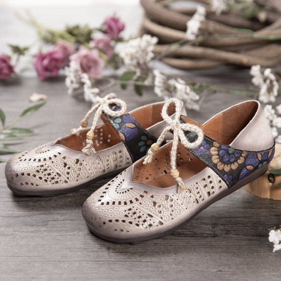 Retro Hollow Floral Soft Sole Knot Round Toe Ankle Strap Flat Shoes Retro Hollow Floral Soft Sole Knot Round Toe Ankle Strap Flat Shoes