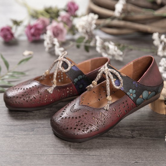 Retro Hollow Floral Soft Sole Knot Round Toe Ankle Strap Flat Shoes Retro Hollow Floral Soft Sole Knot Round Toe Ankle Strap Flat Shoes