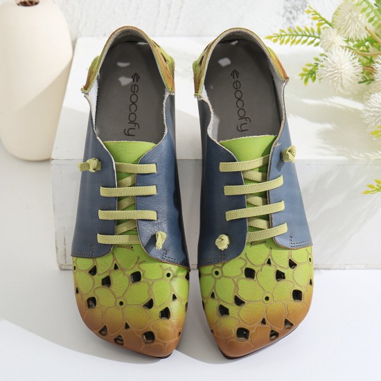 Two Tone Leather Splicing Floral Cut out Elastic Strap Slip-on Soft Flat Shoes Two Tone Leather Splicing Floral Cut out Elastic Strap Slip-on Soft Flat Shoes