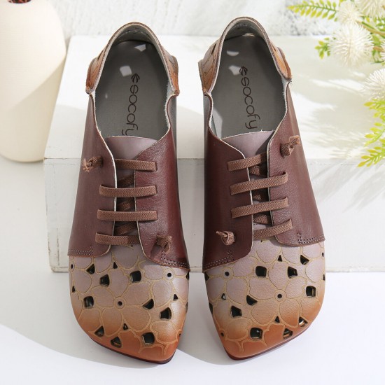 Two Tone Leather Splicing Floral Cut out Elastic Strap Slip-on Soft Flat Shoes Two Tone Leather Splicing Floral Cut out Elastic Strap Slip-on Soft Flat Shoes