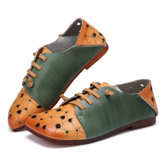 Two Tone Leather Splicing Floral Cut out Elastic Strap Slip-on Soft Flat Shoes Two Tone Leather Splicing Floral Cut out Elastic Strap Slip-on Soft Flat Shoes