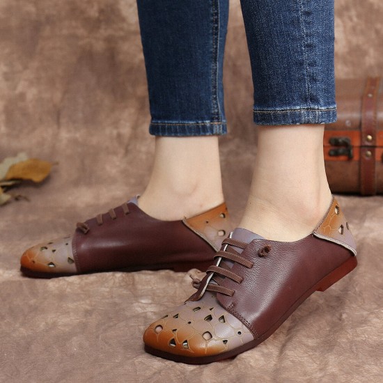 Two Tone Leather Splicing Floral Cut out Elastic Strap Slip-on Soft Flat Shoes Two Tone Leather Splicing Floral Cut out Elastic Strap Slip-on Soft Flat Shoes