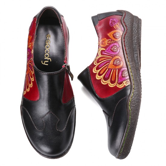 Retro Splicing Flower Pattern Comfy Genuine Leather Side Zipper Casual Flat Shoes Retro Splicing Flower Pattern Comfy Genuine Leather Side Zipper Casual Flat Shoes
