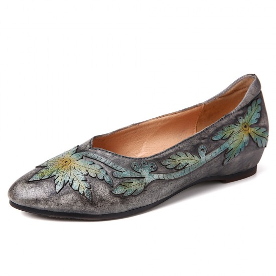 Retro Splicing Vine Comfy Genuine Leather Pointed Toe Slip On Flat Shoes Retro Splicing Vine Comfy Genuine Leather Pointed Toe Slip On Flat Shoes