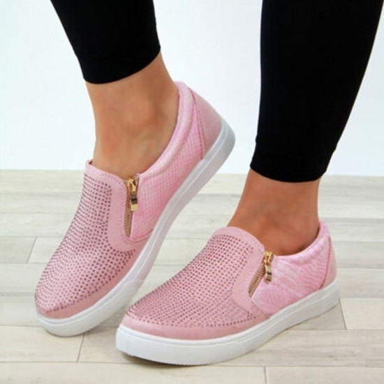 Women Doble Size Zipper Rhinestone Decor Comfy Non Slip Casual Flats Women Doble Size Zipper Rhinestone Decor Comfy Non Slip Casual Flats