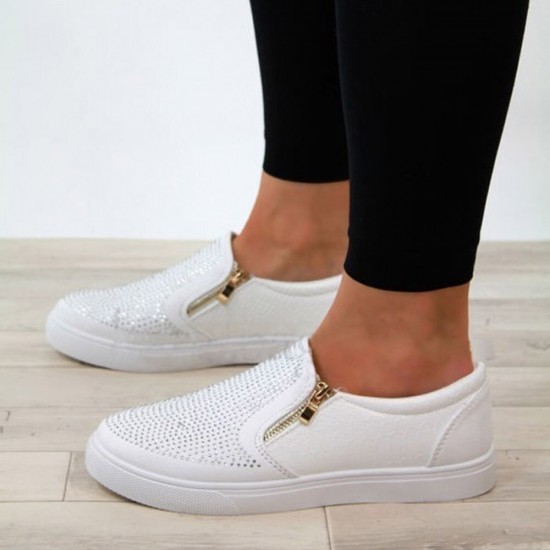 Women Doble Size Zipper Rhinestone Decor Comfy Non Slip Casual Flats Women Doble Size Zipper Rhinestone Decor Comfy Non Slip Casual Flats