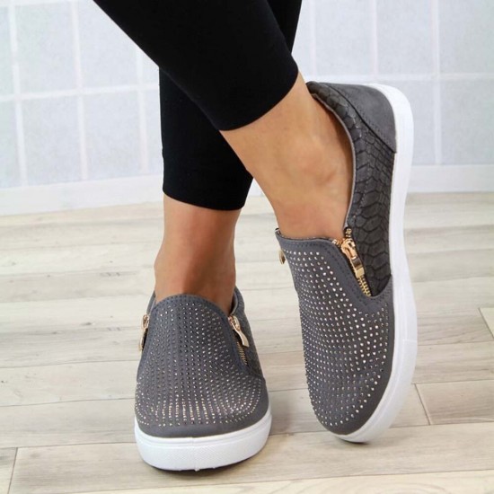 Women Doble Size Zipper Rhinestone Decor Comfy Non Slip Casual Flats Women Doble Size Zipper Rhinestone Decor Comfy Non Slip Casual Flats