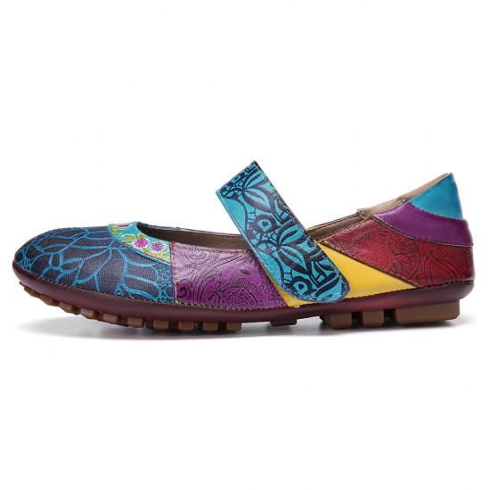 Retro Leather Splicing Floral Soft Sole Hook Loop Ankle Strap Flat Shoes Retro Leather Splicing Floral Soft Sole Hook Loop Ankle Strap Flat Shoes