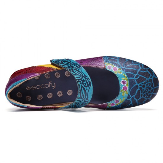 Retro Leather Splicing Floral Soft Sole Hook Loop Ankle Strap Flat Shoes Retro Leather Splicing Floral Soft Sole Hook Loop Ankle Strap Flat Shoes
