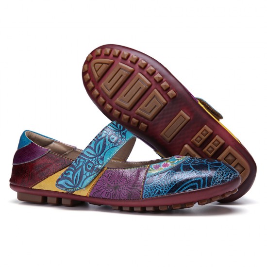 Retro Leather Splicing Floral Soft Sole Hook Loop Ankle Strap Flat Shoes Retro Leather Splicing Floral Soft Sole Hook Loop Ankle Strap Flat Shoes