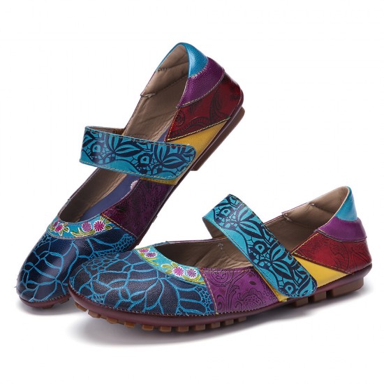 Retro Leather Splicing Floral Soft Sole Hook Loop Ankle Strap Flat Shoes Retro Leather Splicing Floral Soft Sole Hook Loop Ankle Strap Flat Shoes