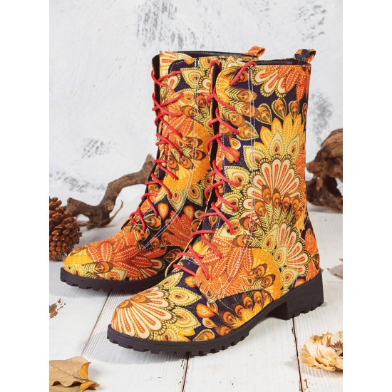 Embroidered Sunflowers Printing Block Heel Round Toe Lace-up Mid-calf Combat Boots for Women Embroidered Sunflowers Printing Block Heel Round Toe Lace-up Mid-calf Combat Boots for Women