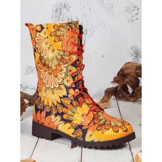 Embroidered Sunflowers Printing Block Heel Round Toe Lace-up Mid-calf Combat Boots for Women Embroidered Sunflowers Printing Block Heel Round Toe Lace-up Mid-calf Combat Boots for Women