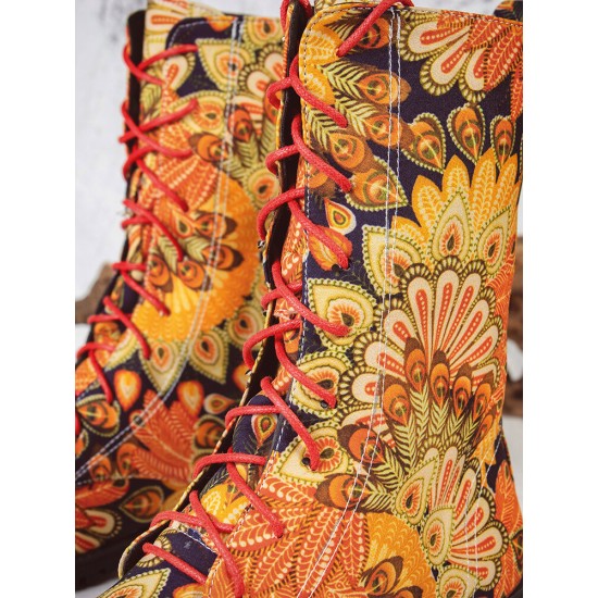Embroidered Sunflowers Printing Block Heel Round Toe Lace-up Mid-calf Combat Boots for Women Embroidered Sunflowers Printing Block Heel Round Toe Lace-up Mid-calf Combat Boots for Women