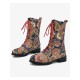 Embroidered Sunflowers Printing Block Heel Round Toe Lace-up Mid-calf Combat Boots for Women Embroidered Sunflowers Printing Block Heel Round Toe Lace-up Mid-calf Combat Boots for Women