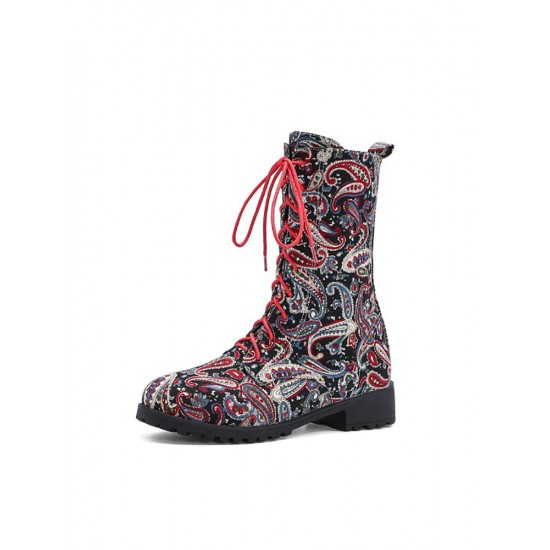 Embroidered Sunflowers Printing Block Heel Round Toe Lace-up Mid-calf Combat Boots for Women Embroidered Sunflowers Printing Block Heel Round Toe Lace-up Mid-calf Combat Boots for Women