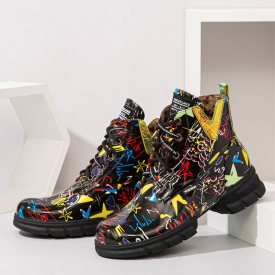 Women Casual Graffiti Stytish Lace Up Thick Bottom Short-Calf Combat Boots Women Casual Graffiti Stytish Lace Up Thick Bottom Short-Calf Combat Boots