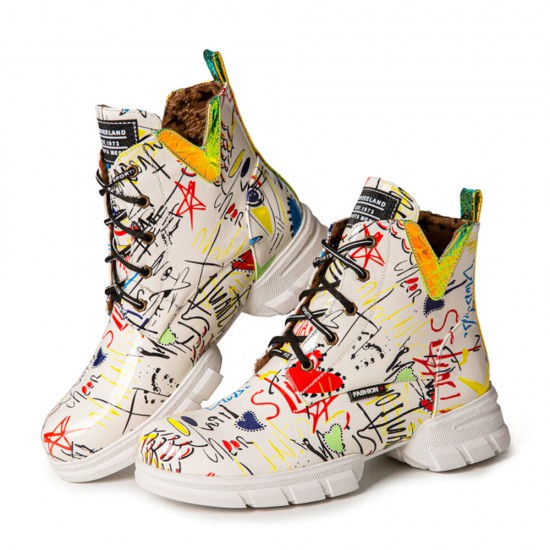 Women Casual Graffiti Stytish Lace Up Thick Bottom Short-Calf Combat Boots Women Casual Graffiti Stytish Lace Up Thick Bottom Short-Calf Combat Boots