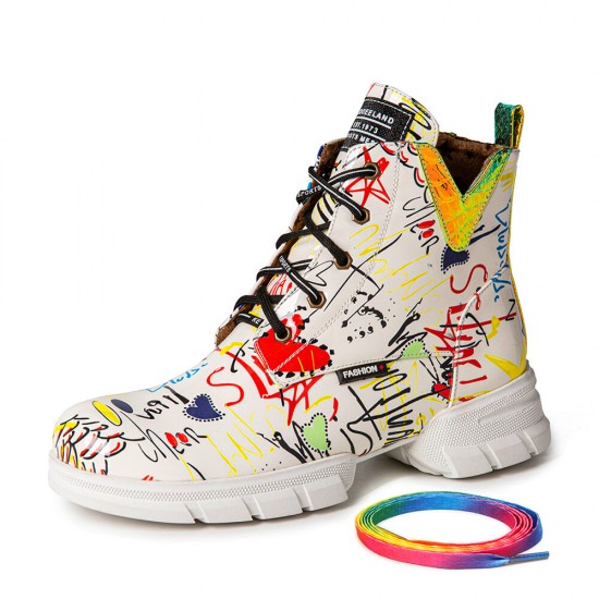 Women Casual Graffiti Stytish Lace Up Thick Bottom Short-Calf Combat Boots Women Casual Graffiti Stytish Lace Up Thick Bottom Short-Calf Combat Boots
