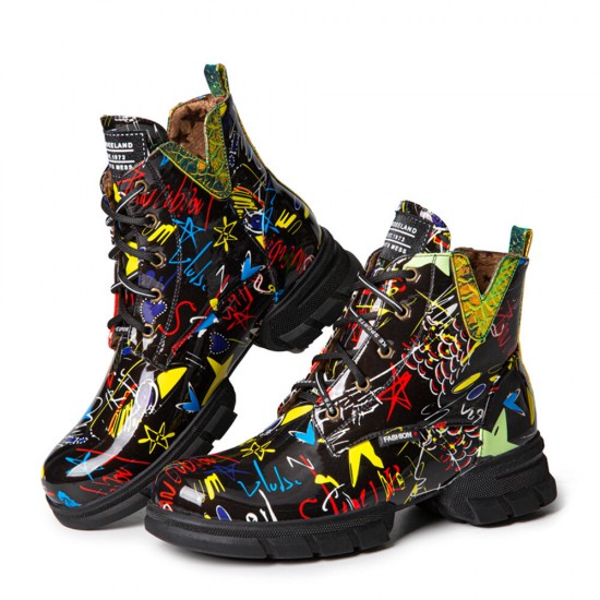 Women Casual Graffiti Stytish Lace Up Thick Bottom Short-Calf Combat Boots Women Casual Graffiti Stytish Lace Up Thick Bottom Short-Calf Combat Boots