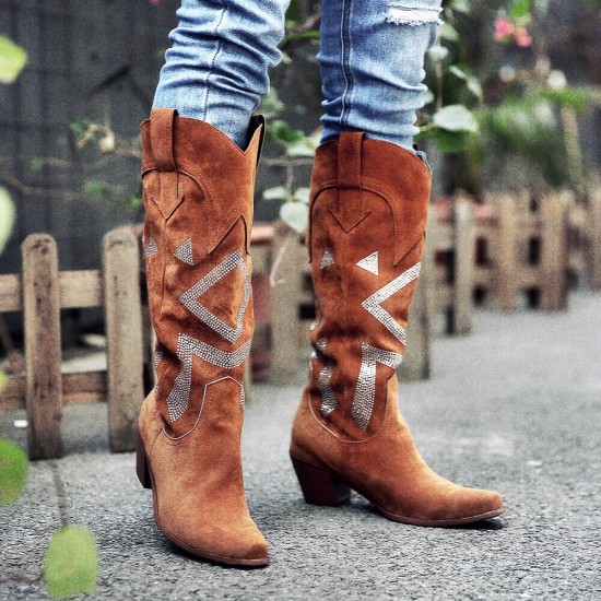 Plus Size Women Suede Rhinestone Chunky Heel Knee Cowboy Boots Plus Size Women Suede Rhinestone Chunky Heel Knee Cowboy Boots