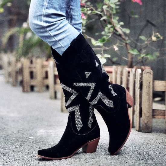 Plus Size Women Suede Rhinestone Chunky Heel Knee Cowboy Boots Plus Size Women Suede Rhinestone Chunky Heel Knee Cowboy Boots