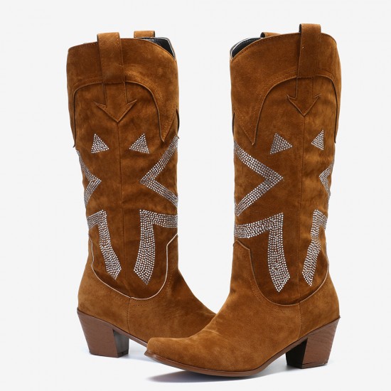 Plus Size Women Suede Rhinestone Chunky Heel Knee Cowboy Boots Plus Size Women Suede Rhinestone Chunky Heel Knee Cowboy Boots