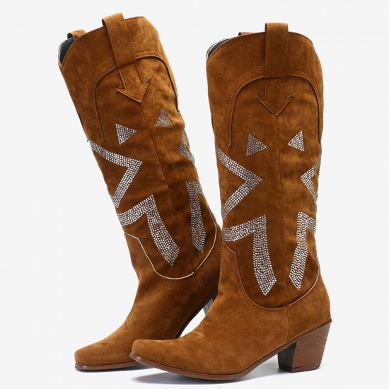 Plus Size Women Suede Rhinestone Chunky Heel Knee Cowboy Boots Plus Size Women Suede Rhinestone Chunky Heel Knee Cowboy Boots