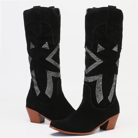 Plus Size Women Suede Rhinestone Chunky Heel Knee Cowboy Boots Plus Size Women Suede Rhinestone Chunky Heel Knee Cowboy Boots