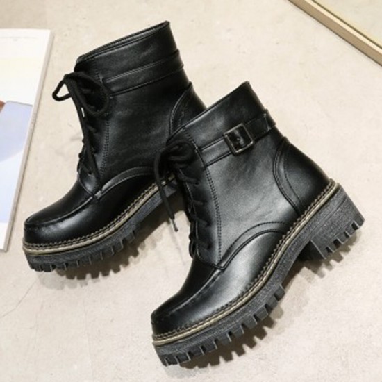 Women Casual Solid Color Buckle Lace Up Platform Short Combat Boots Women Casual Solid Color Buckle Lace Up Platform Short Combat Boots