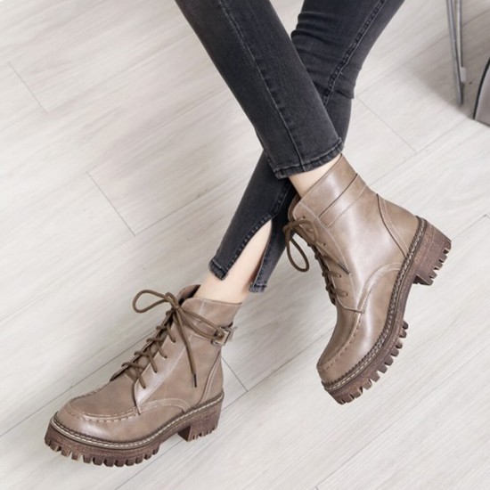 Women Casual Solid Color Buckle Lace Up Platform Short Combat Boots Women Casual Solid Color Buckle Lace Up Platform Short Combat Boots