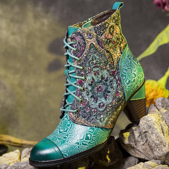 Socofy Genuine Leather Floral Pattern Retro Mid-calf Boots Socofy Genuine Leather Floral Pattern Retro Mid-calf Boots