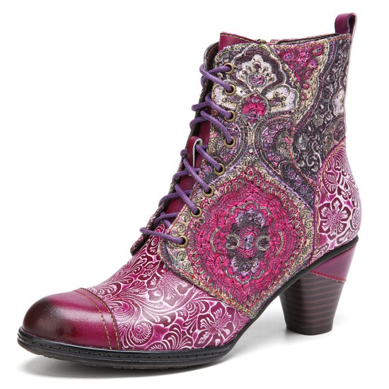Socofy Genuine Leather Floral Pattern Retro Mid-calf Boots Socofy Genuine Leather Floral Pattern Retro Mid-calf Boots