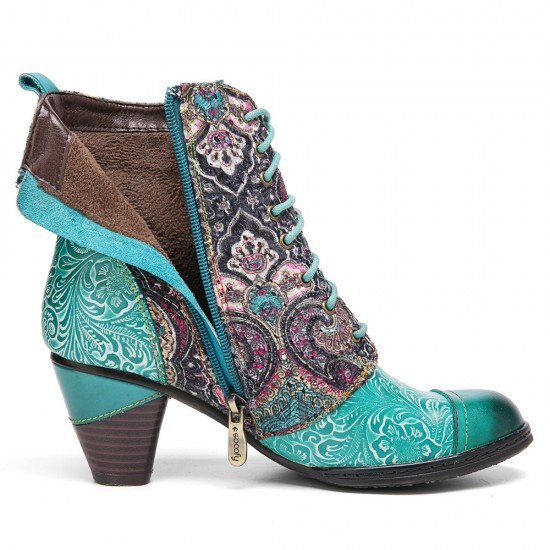 Socofy Genuine Leather Floral Pattern Retro Mid-calf Boots Socofy Genuine Leather Floral Pattern Retro Mid-calf Boots