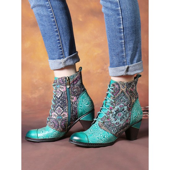 Socofy Genuine Leather Floral Pattern Retro Mid-calf Boots Socofy Genuine Leather Floral Pattern Retro Mid-calf Boots