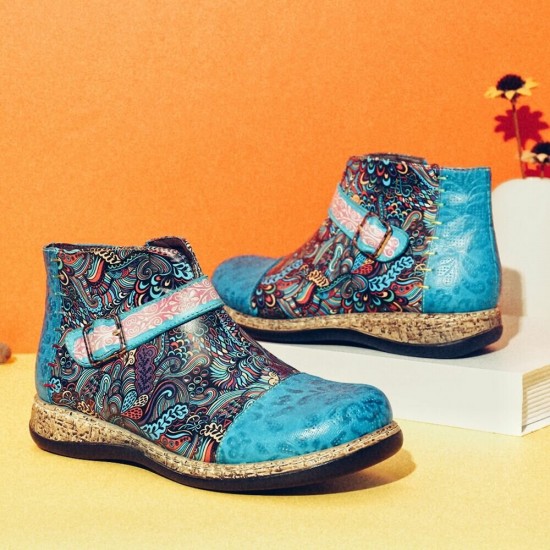 Folkways Pattern Genuine Leather Splicing Comfy Flat Ankle Boots Folkways Pattern Genuine Leather Splicing Comfy Flat Ankle Boots
