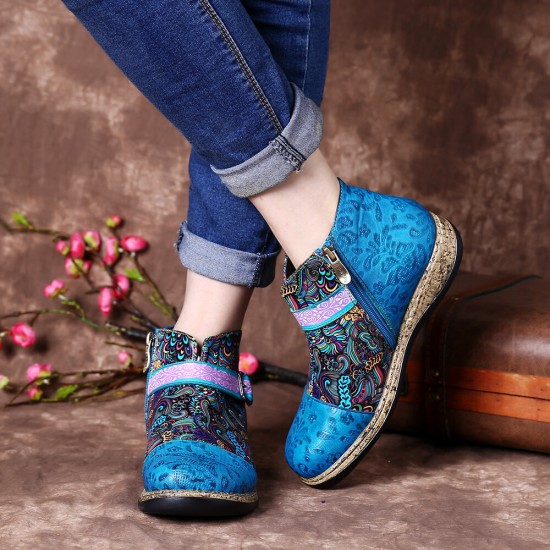Folkways Pattern Genuine Leather Splicing Comfy Flat Ankle Boots Folkways Pattern Genuine Leather Splicing Comfy Flat Ankle Boots