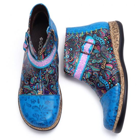 Folkways Pattern Genuine Leather Splicing Comfy Flat Ankle Boots Folkways Pattern Genuine Leather Splicing Comfy Flat Ankle Boots
